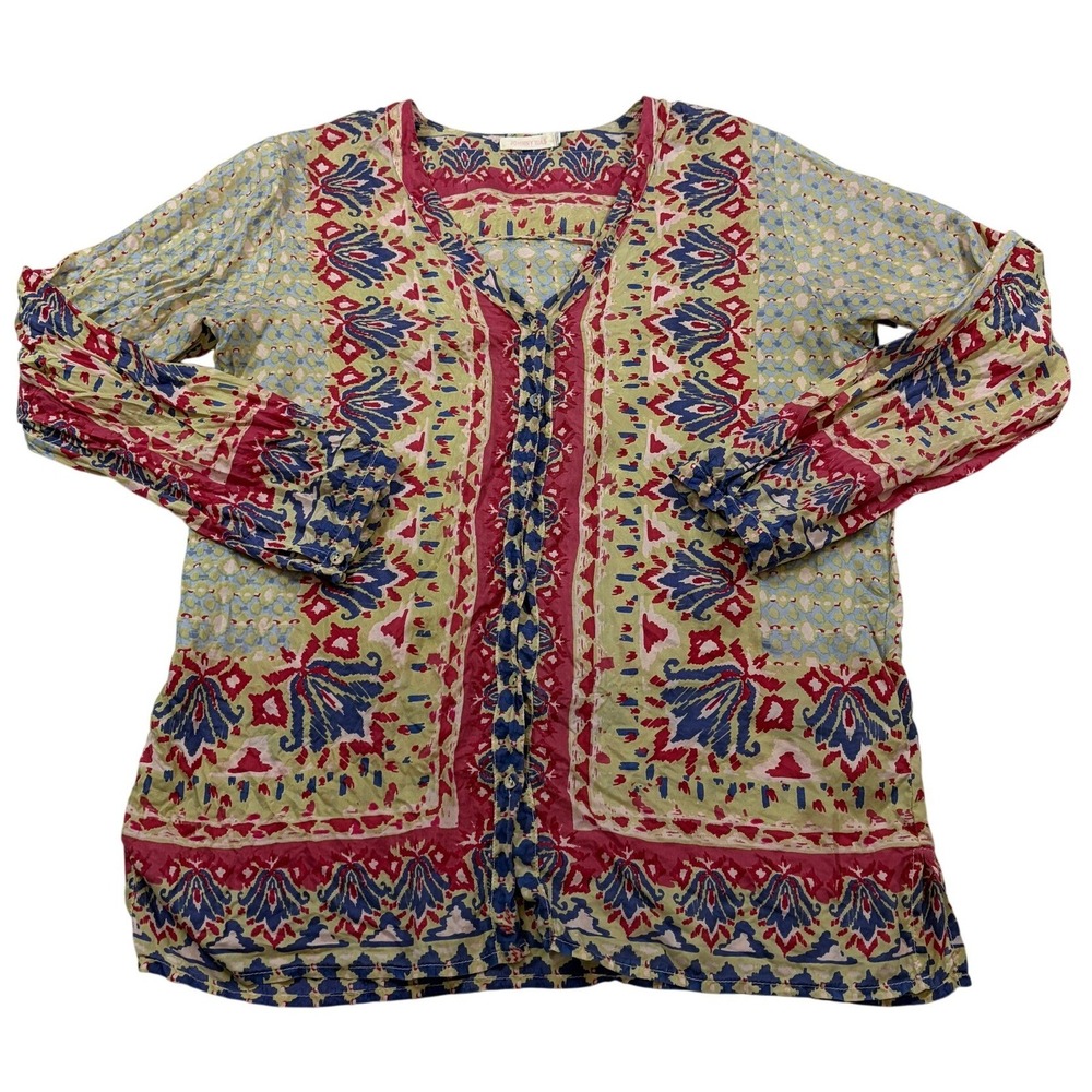 Johnny Was 100% Silk Ikat Floral Patchwork Button Down Tunic Top Medium Multi